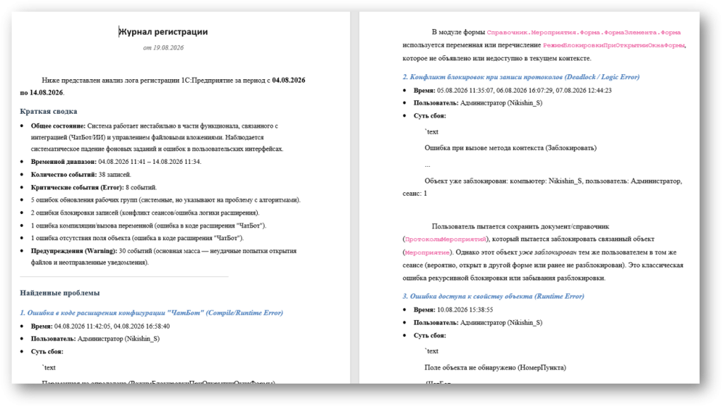 Результаты анализа журналов регистрации 1С